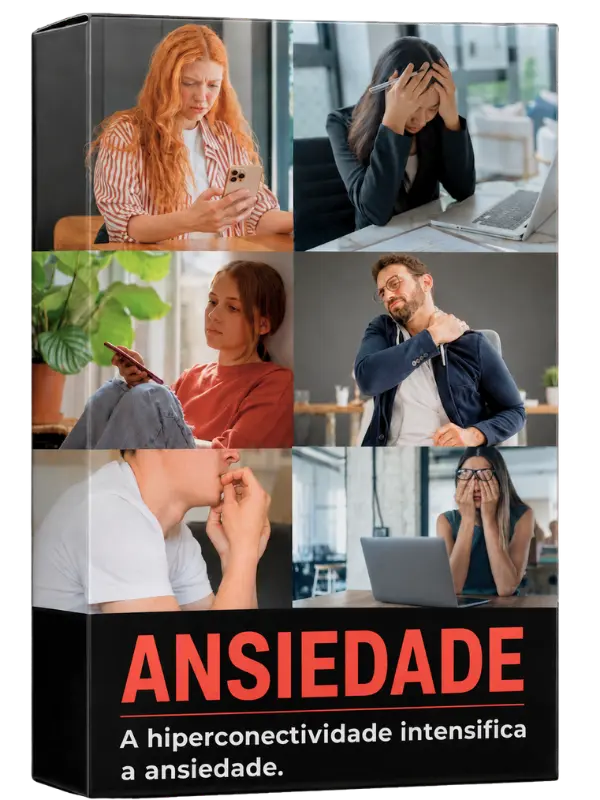 Capa em formato de caixa sobre saúde mental e neurociência comportamental mostrando pessoas estressadas, ansiosas e cansadas ao usar o celular e o computador.