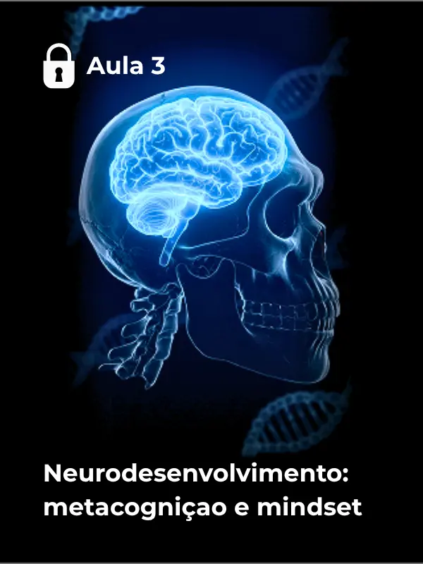 Representação em raio-X de um crânio humano com o cérebro brilhando em azul e fitas de DNA ao fundo no card da Aula 3 do Curso Córtex.