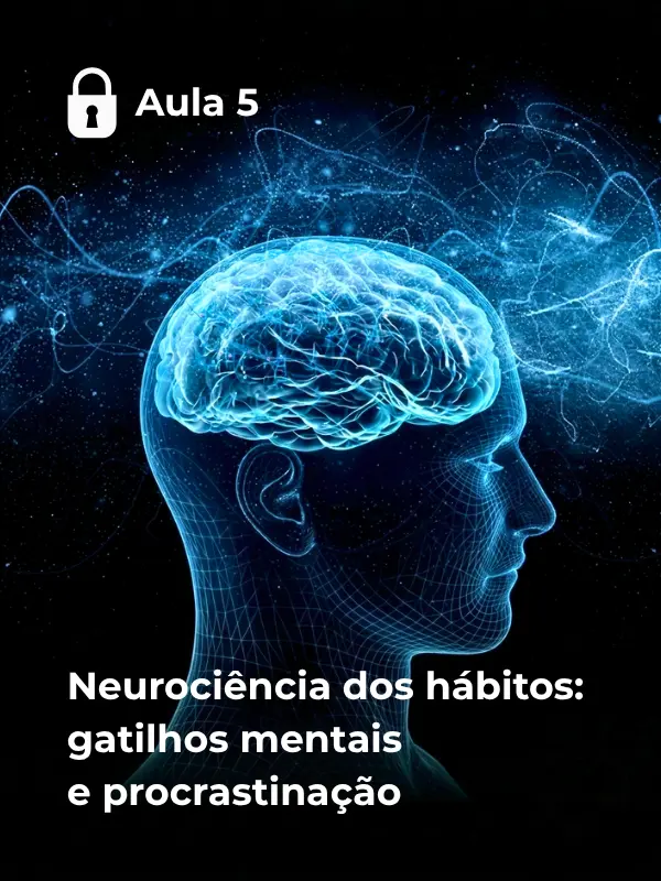 Perfil digital de uma cabeça humana com cérebro brilhando e conexões neurais luminosas sobre fundo espacial no card da Aula 5 do Curso Córtex.