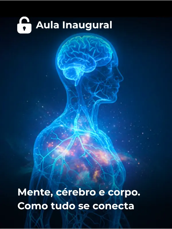 Ilustração 3D em tons de azul mostrando a conexão entre mente, cérebro e corpo humano no card da aula inaugural do Curso Córtex.