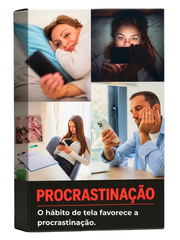 Caixa de remédio tarja preta com imagens ilustrando comportamentos de procrastinação abordado no curso de neurociência comportamental mostrando quatro pessoas procrastinando no celular na cama, no quarto, durante os estudos e no trabalho.